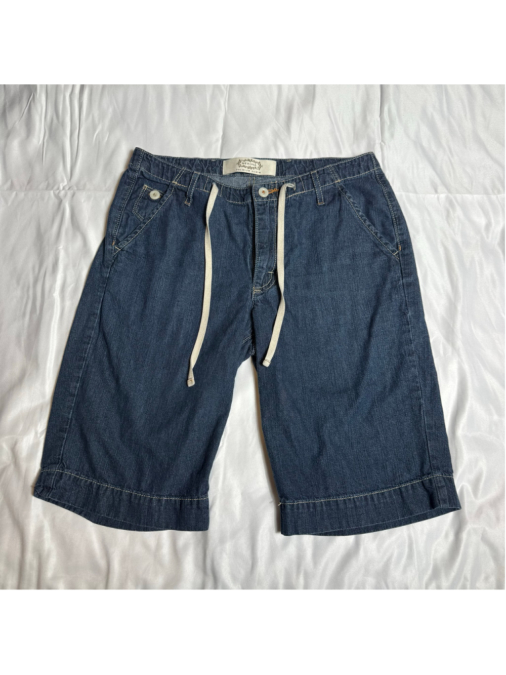 Women's Merona Denim Jean Shorts, Blue and White, Drawstring Waist